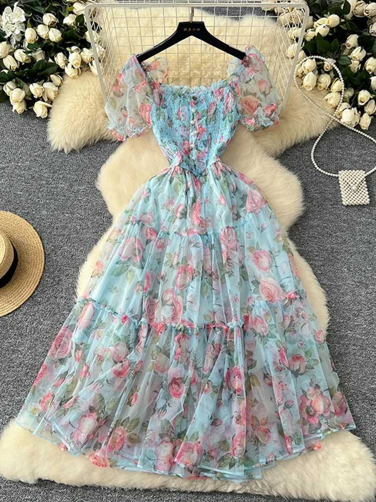Summer Vintage French Mesh Dress for Women New Waist Cinched Slash Neck Bubble Sleeves Sweet Floral Chiffon Dress Female C146 X260306