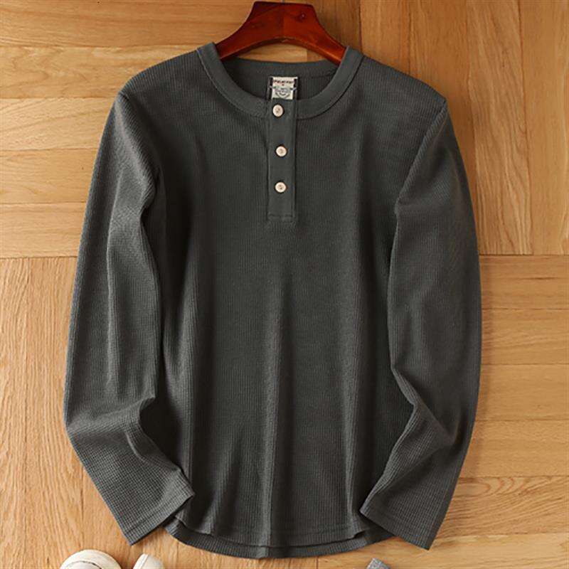 European and American Tough Guy Henry V-Neck Live Streaming One-Piece Dropshipping Men's All-Cotton Waffle Long-Sleeve T-Shirt Base Shirt Cotton 