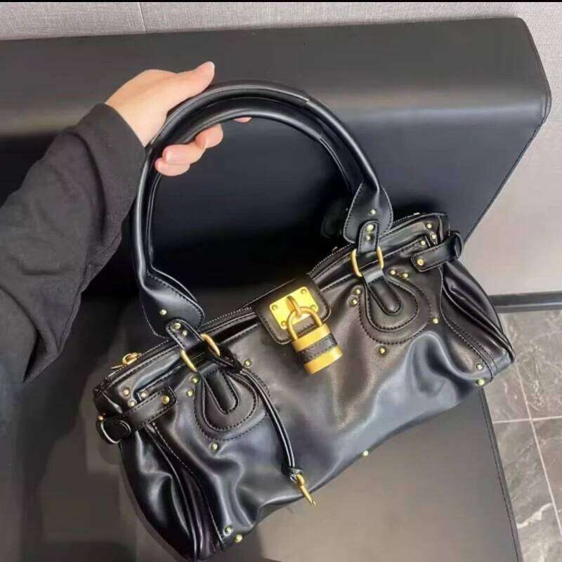 Vintage Lock Buckle Designer Tote Bag,Classic Large Capacity Commuting Shoulder Bags, Fashionable Lady Handbags,Punk Street Bag