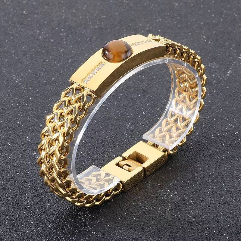 Fashion Tiger Eye Stone Rhinestones Inlaid Bracelets Mens Stainless Steel Double Layer Herringbone Links Cuban Chain Bracelet