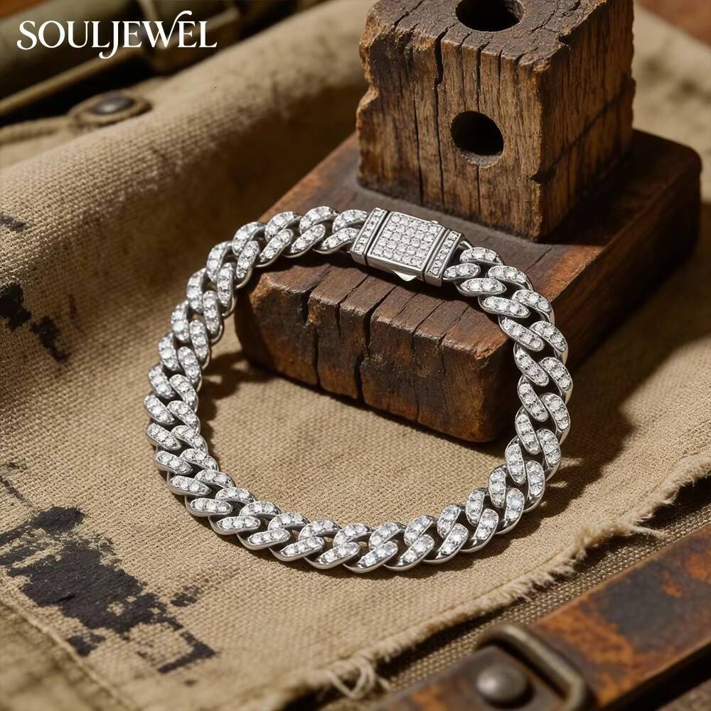 Sterling Silver Rhodium Plated Brilliant Cut Moissanite Claw Set Cuban Chain Link Hip Hop Style Unisex Luxury Everyday Bracelet