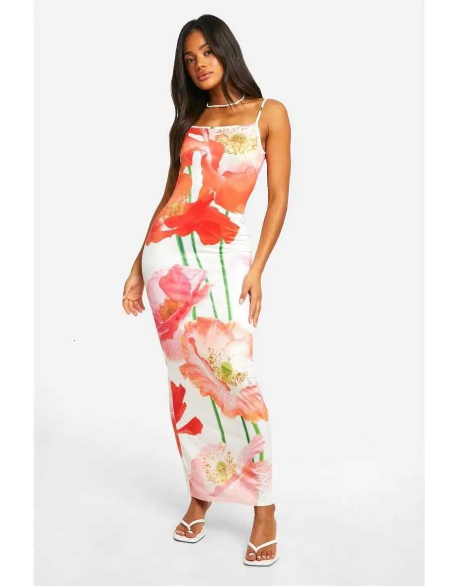 Women Summer y2k Fairy Floral Slip Slim Dress Spaghetti Strap Maxi Dress Sexy Flower Print Bodycon Cami Long Dresses Beachwear X260306