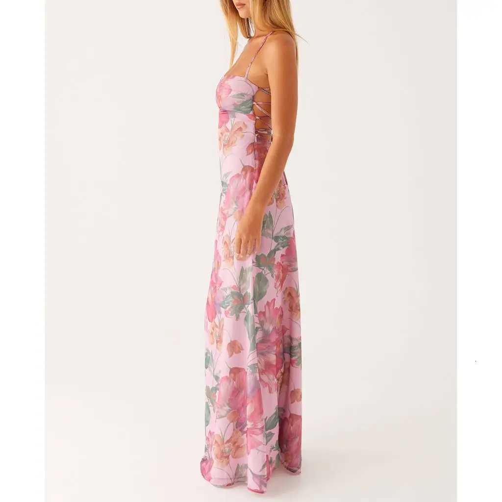 Womens Elegant Y2K Floral Print Sleeveless Summer Cross Tie-Up Backless Fashion Spaghetti Strap Cami Slip Long Dress X260306