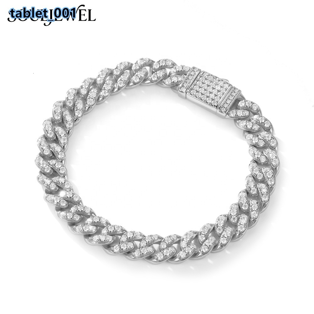 Moissanite Cuban Bracelet Sterling Silver Claw Setting Rhodium Plated Chain Link Design Hip Hop Style Unisex Everyday Wear