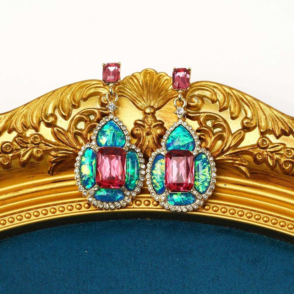 Vintage Retro Blue Platinum Resin Collarbone Chain Earrings Necklace Ring Jewelry Niche Heavy-Duty Sweater Chain High-Quality