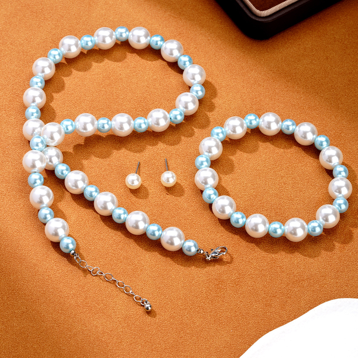 European And American Ocean-Style Lake Blue Pearl Beaded Summer Forest-Style Seaside Vacation Three-Piece Set For Women