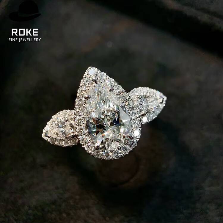 New Arrival 9K-18K White Gold Luxury Ladies Diamond Ring Stone 074ct Round Grown Diamond Paired with a Pear-shaped Centre
