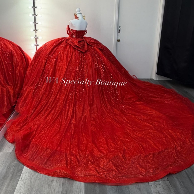 Red Shiny Quinceanera Dresses Ball Gown Off The Shoulder Sequin Beading Crystal Bow Corset Party Birthday Sweet 16 Dress Vestidos 15 De Anos