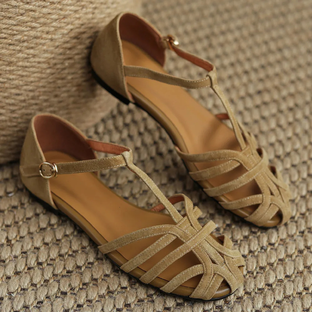 Womens natural suede leather narrow band braided t-strap flats sandals round toe casual female footwear summer shoes for women 260305