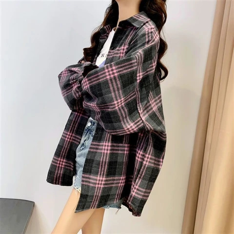 Plaid Shirt Women Autumn LongSleeve Top Female Vintage Fashion Single Breasted Blouse Ladies Preppy Style Loose Check Shirts 260306