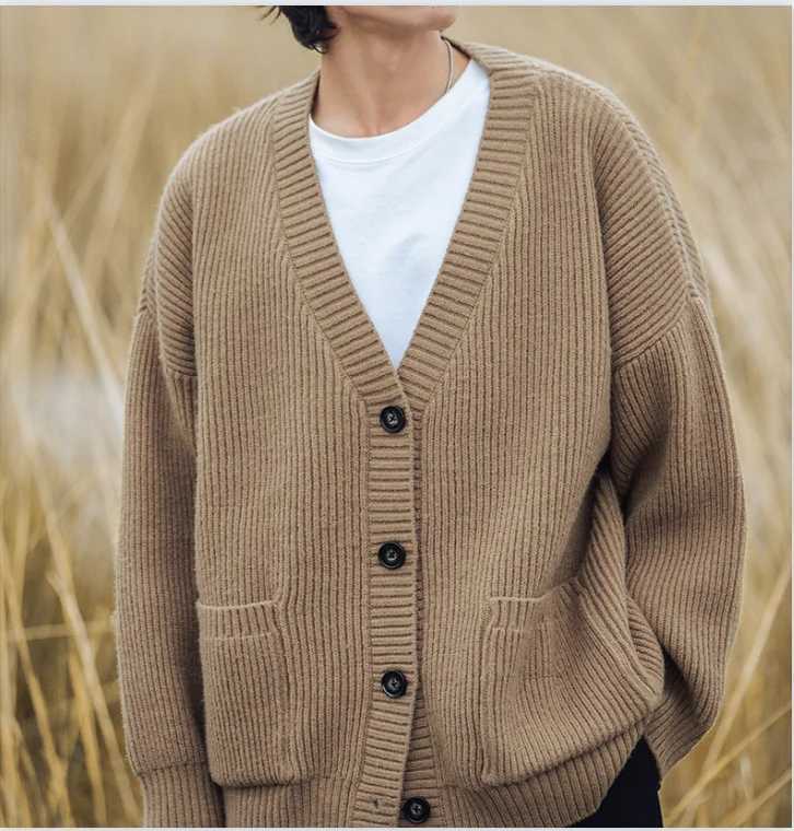 Mens autumn and winter new Japanese style cardigan sweater womens V-neCK sweater loose soft knit coat brown M260306