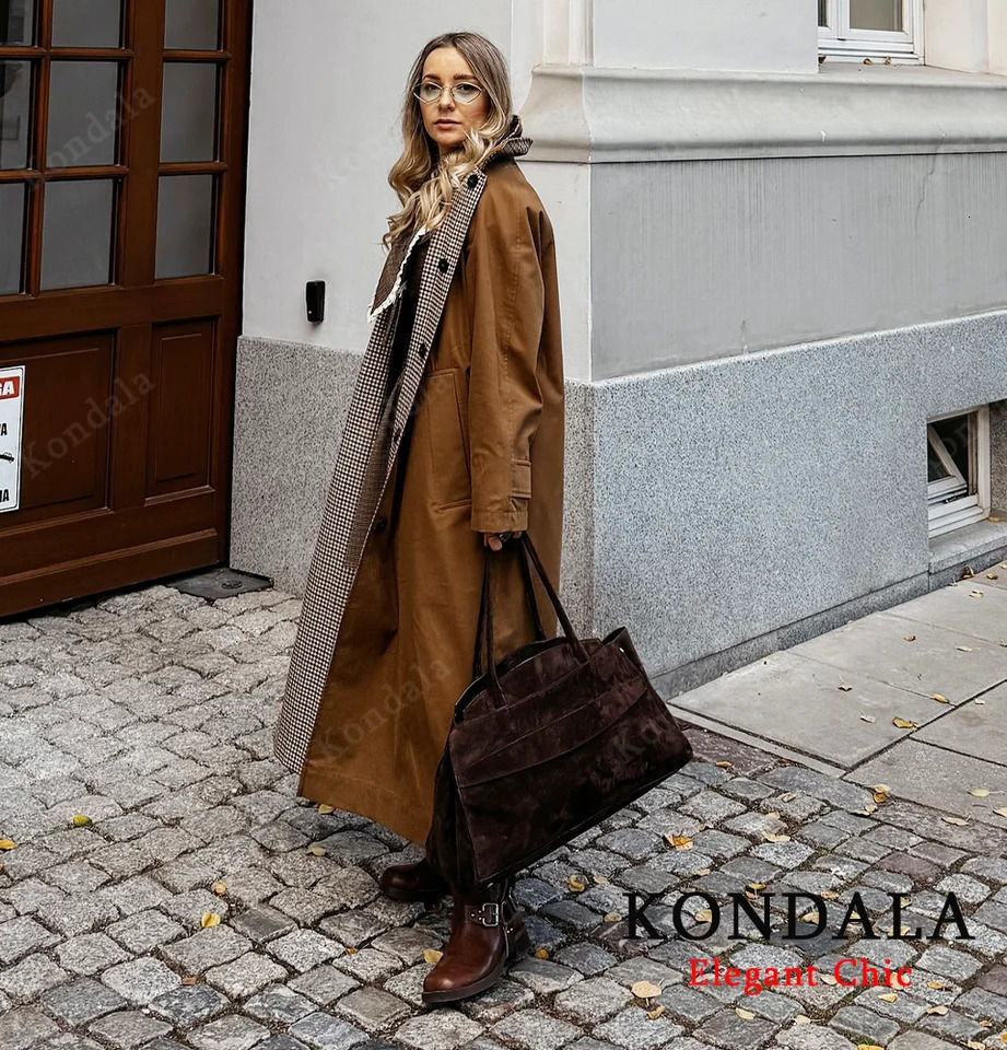 KONDALA Urban Vintage Trench Coat Womens Fall Winter Brown Reversible Wear Long 2025 Fashion Elegant Commute Ladies 260228