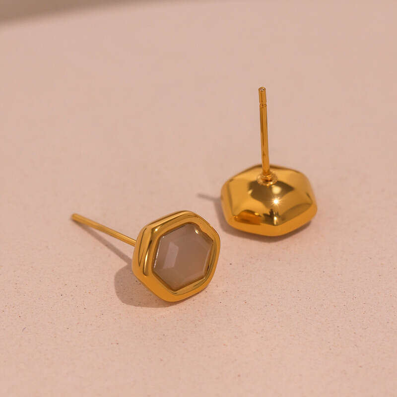 Women's Vintage Earrings: Natural Opal Faceted Hexagonal Stud Earring Stainless Steel Gold-plated Simple Compact Exquisite Light Luxury Jewelry f