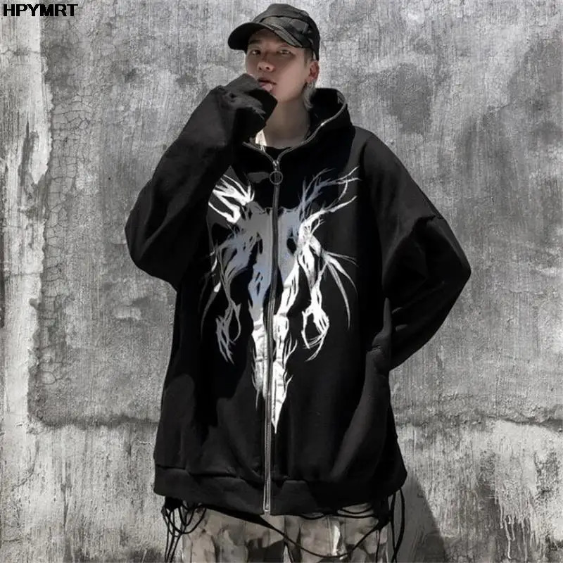 Autumn Fashion Punk Graphic Print Hip Hop Zipper Hoodie Men Women Harajuku Oversized Hooded Sweatshirt Gothic Vintage Streetwear 260228