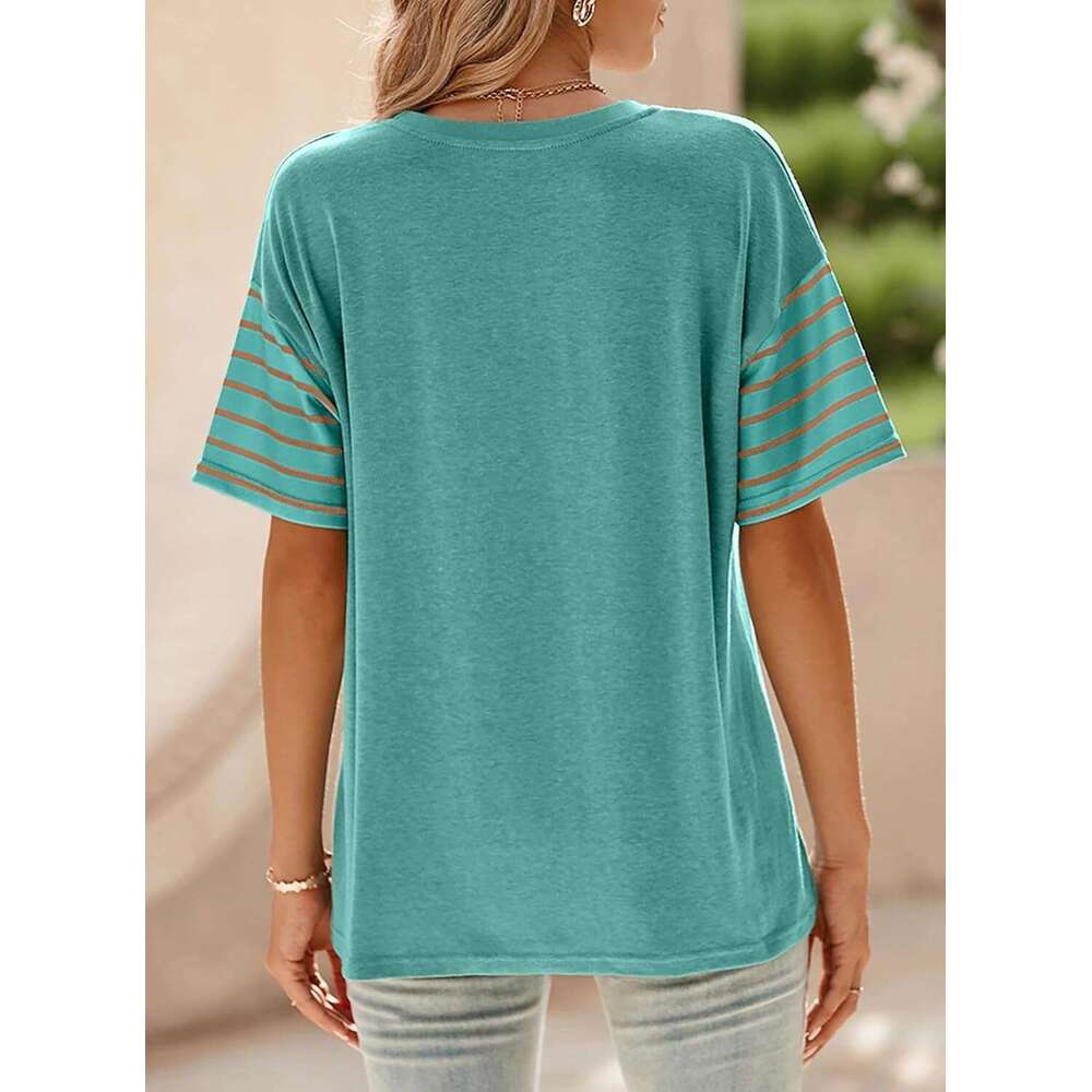 Designer Summer Tops Trendy Oversized 2026 Crewneck Casual Color Block Striped Womens Shirts Blouses