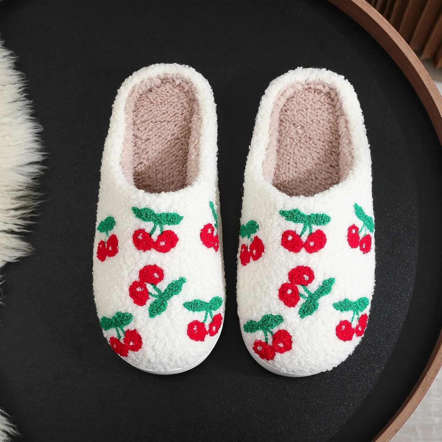 Winter Home Furnishings colorful Flowers/Cherries Pattern Cotton Slippers Non Slip Thick Bottom Wear-Resistant Cotton Slippers S260305