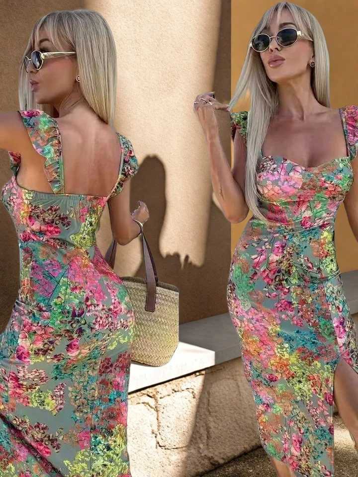 Floral Print Ruffle Sleeve Sundress Spaghetti Strap Summer Dress Effortlessly Romantic for Vacation Beach Getaways X260306