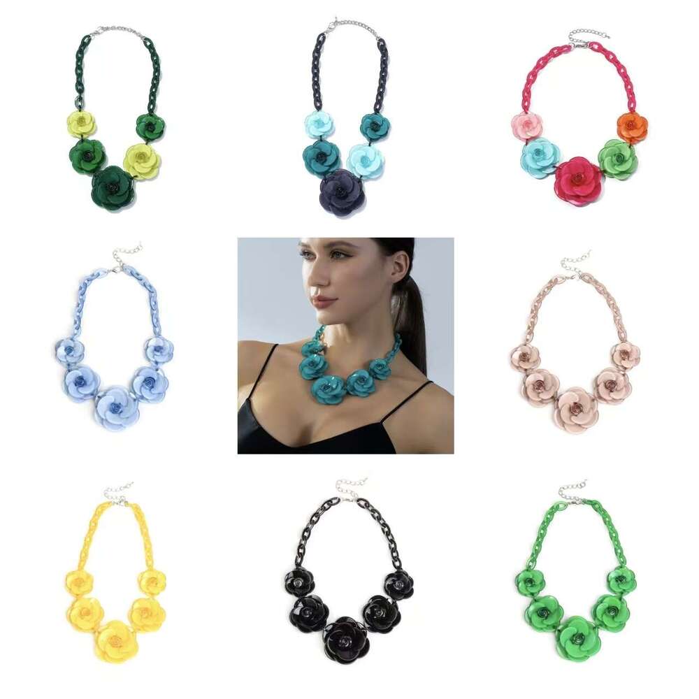 fashion acrylic flower necklace, Bohemian style dopamine color-blocking rose sweater chain