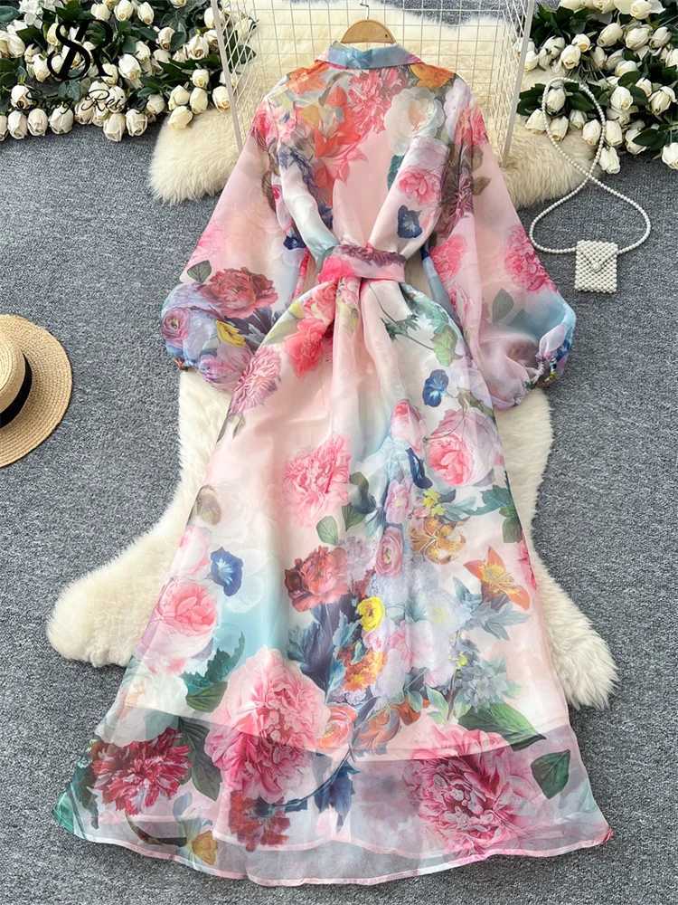 SINGREINY High Quality 3D Floral Dress Female Single Breasted Puff Sleeves Chic French Vintage Senior Organza Print Long Dress X260306