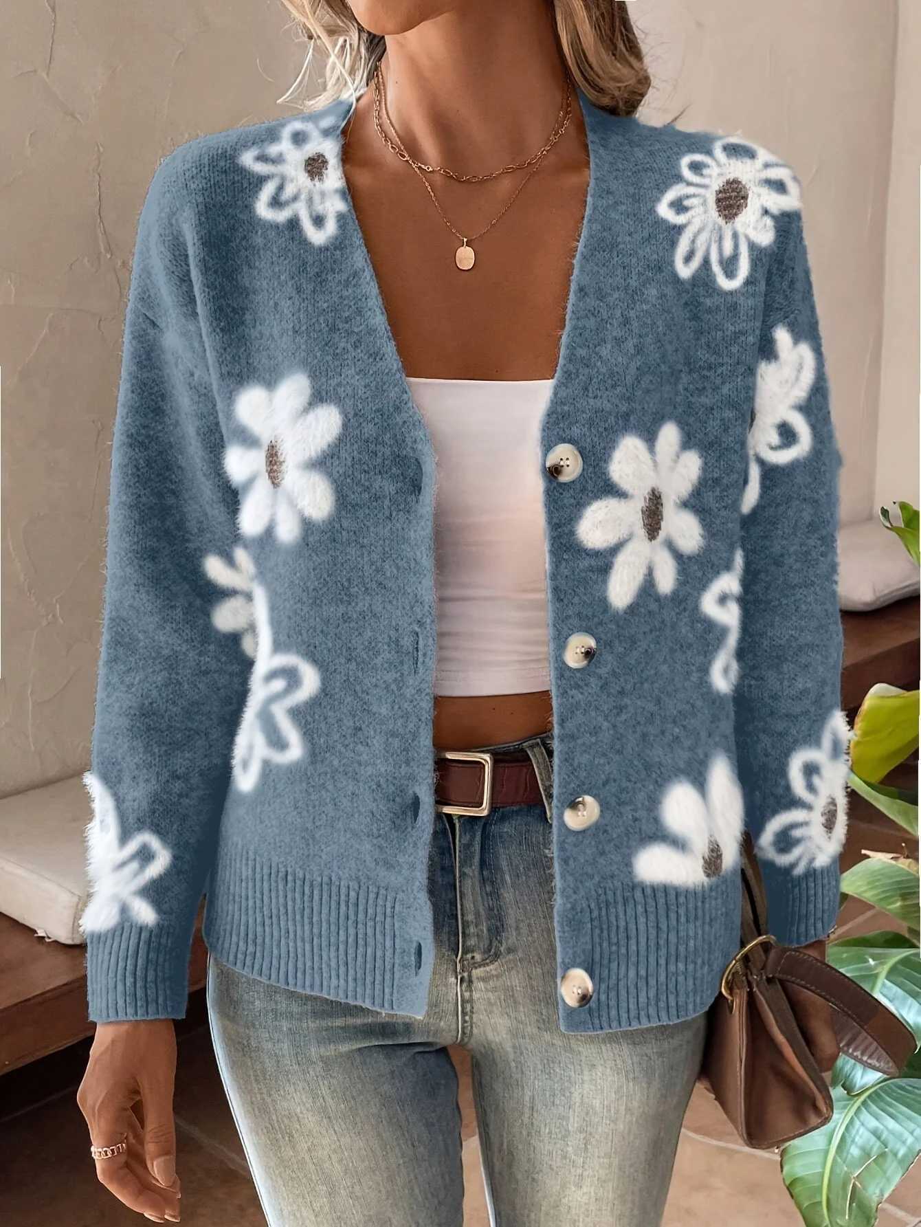 New flower pattern spring autumn loose knitted cardigan sweet casual V-neck button knitted sweater coat M260306