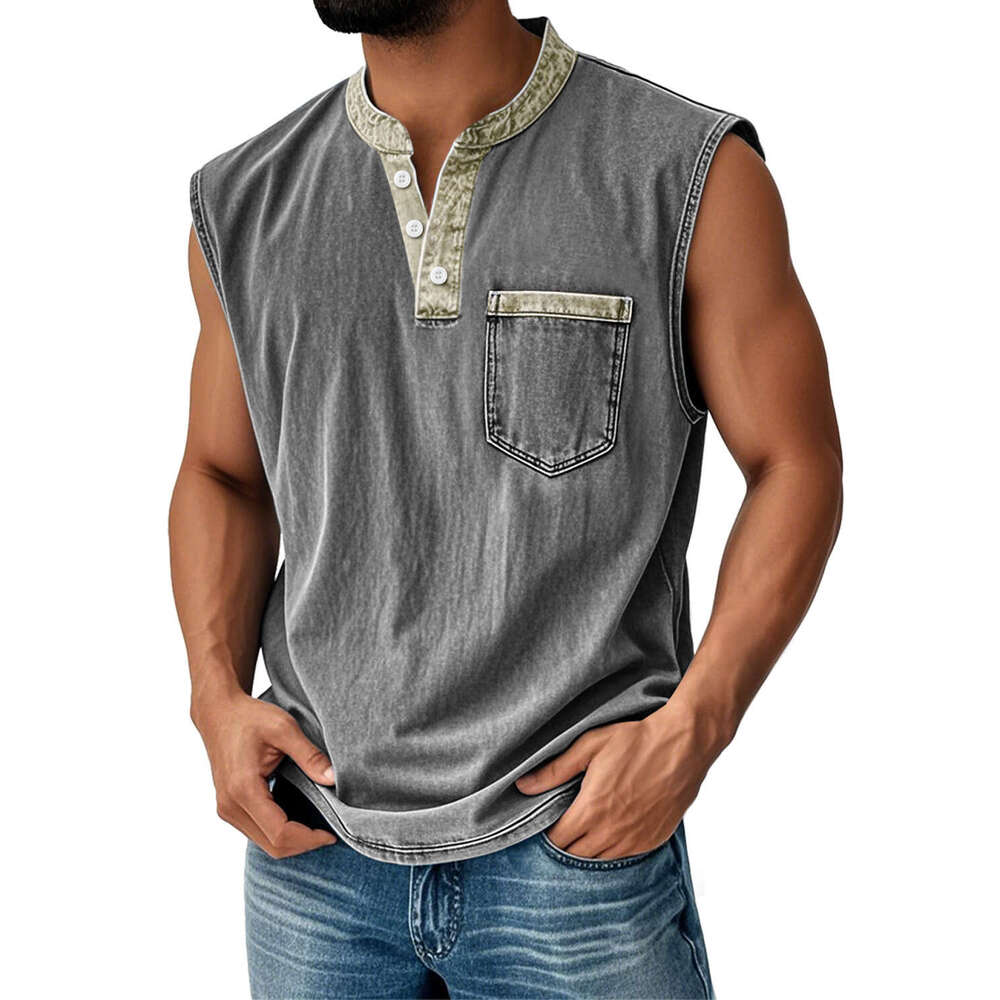 Spring Autumn European and American Cross-Border Men's Wear 3D Printed Three-Button Sleeveless for Young Men Casual Trendy Open-Front T-Shirt