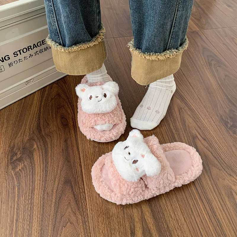 Bear Fur Slippers for Women Wearing Thick-soled Cotton Slippers for Women Working At Home Autumn and Winter Cute S260305