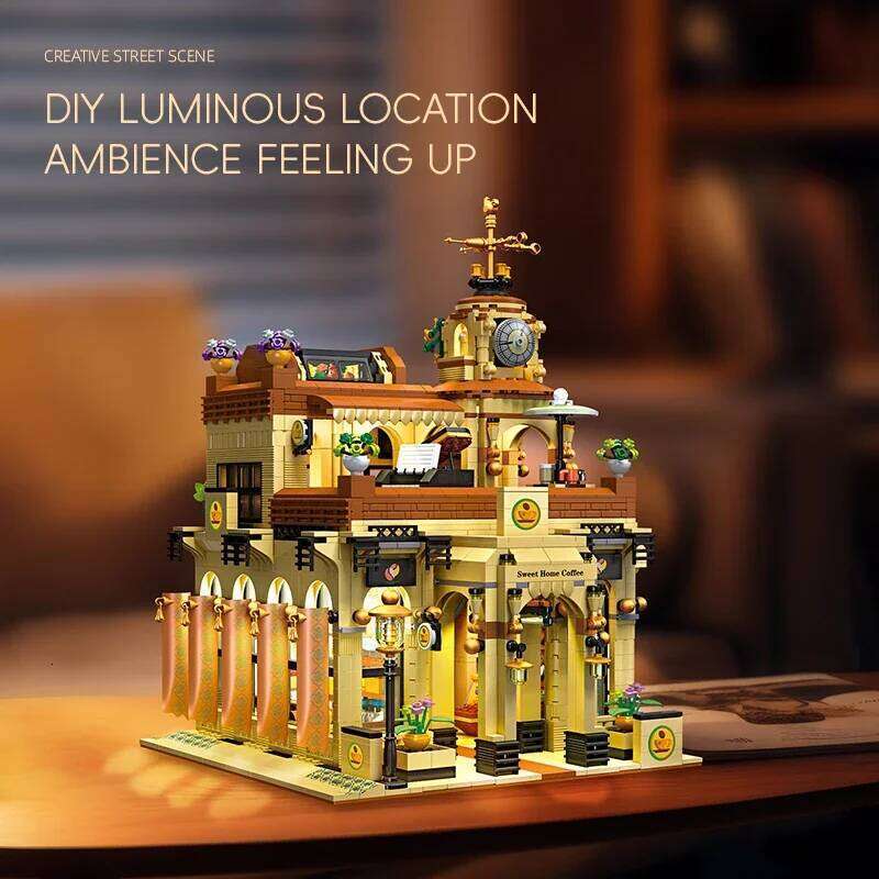 2987PCS Coffee Shop Building Blocks European Style Vintage Cafe Model Bricks Set With Light Desktop Ornaments Kids DIY Toy Gift Z260305