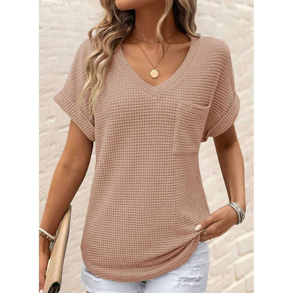 Womens Waffle Designer Knit Tops 2026 Spring Summer V Neck Shirts Casual Trendy Women's Blouses Basic Tee