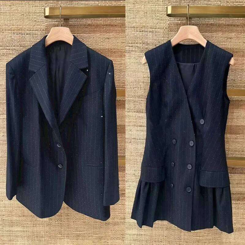 Hot Rhinestones Women Striped Long Sleeve Turn-Down Collar Blazer Or V-Neck Double Breasted Sleeveless Mini Dress Mdng260306