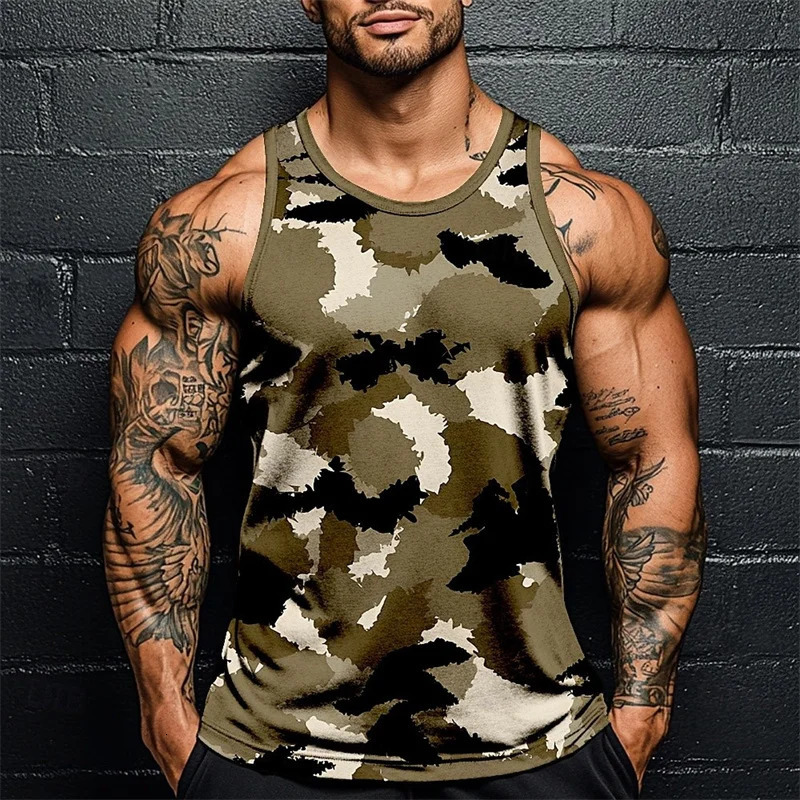Summer Men Classic Camo Print Fitness Tank Top Gym Sports Loose Breathable Soft Sleeveless Top Fashion Simple Mens Vest Tee 260306