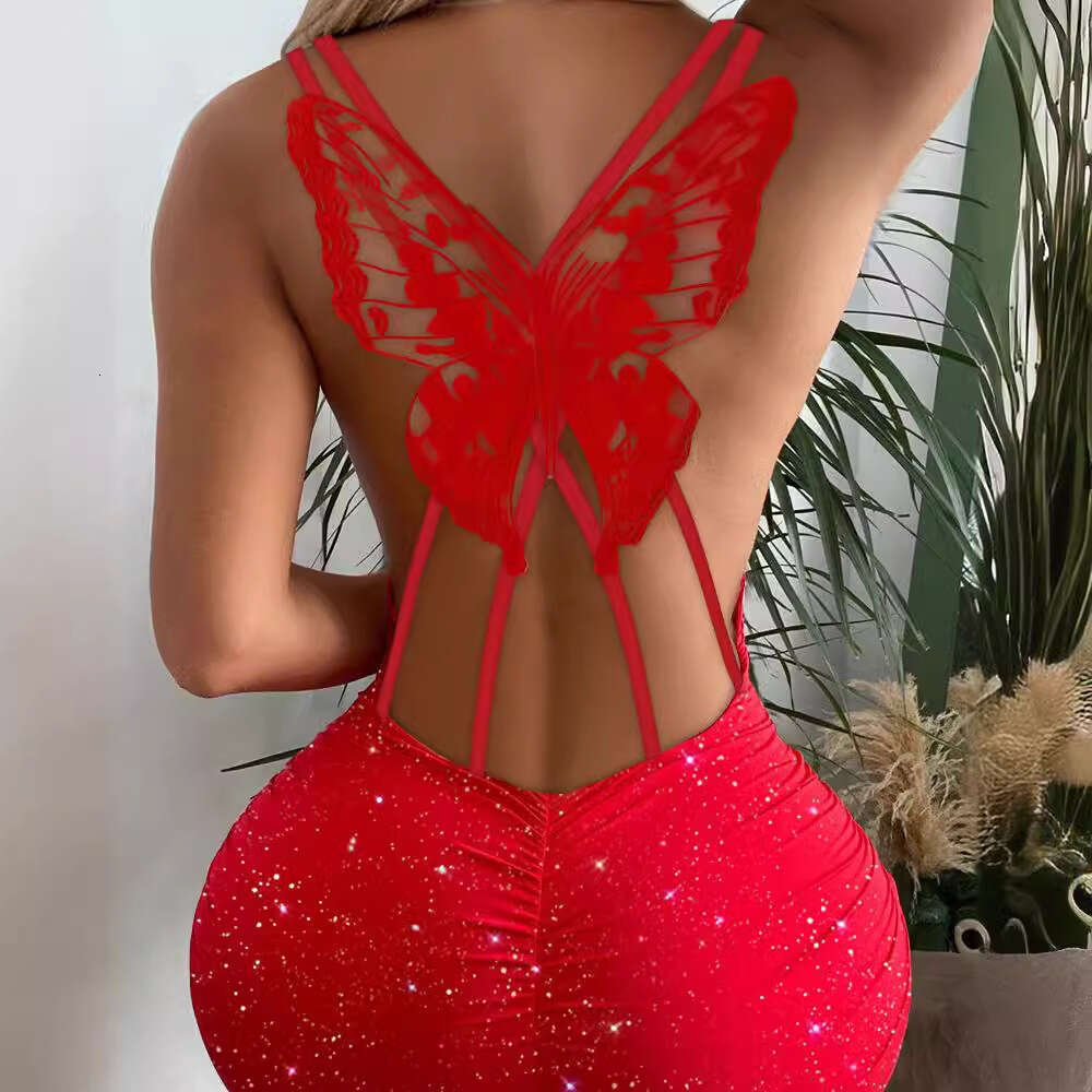 2026 European American cross-border fashion dress with butterfly cutout on the back and glittery elastic fabric