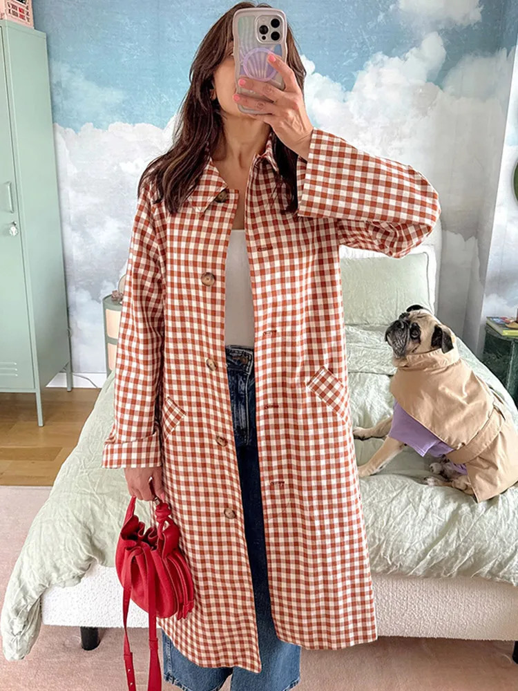 Female Plaid Long Windbreaker Fashion Chic Lapel Single Breasted Pocket Loose Jackets Lady Daily Commuting Street Outerwear 260228