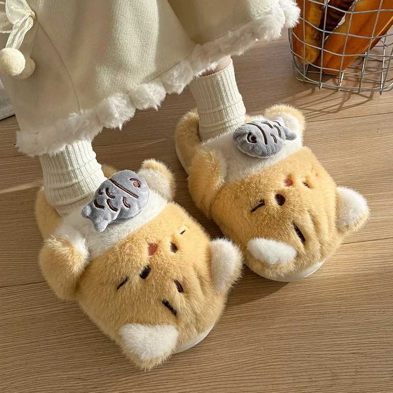 Womens 2025 New Autumn and Winter Cartoon Cute Cat Fluffy Thick Soles Cotton Slippers S260305
