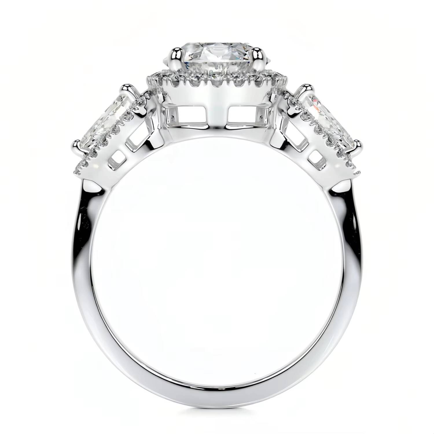 Abiding GRA Certified 15 Moissanite Three Stone Ring Round Brilliant Cut 75MM Halo Pav Prong Round Pear Ring in Gold