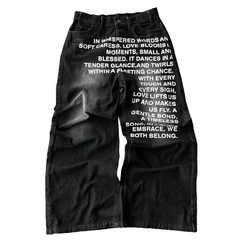 Men's Vintage Letter Printed Jeans Casual American Retro Pattern Alphabet Jeans High Street Fashion Hip Hop Gothic Baggy Wide Leg Pants