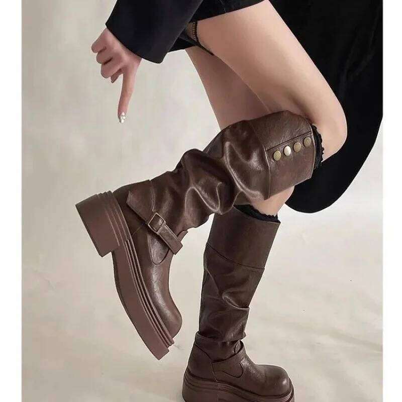 Women's Two-Way Foldable Knee-High | Thick-Soled Retro Punk Biker Boots with Buckle Straps