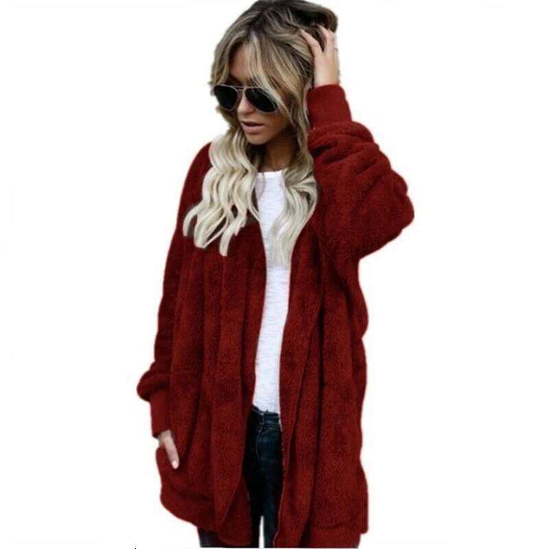 Autumn Winter Double Fleece Cardigan Women Solid Color Long Sleeve Plush Warm Hooded Lady Jacket Oversized Outerwear Coat