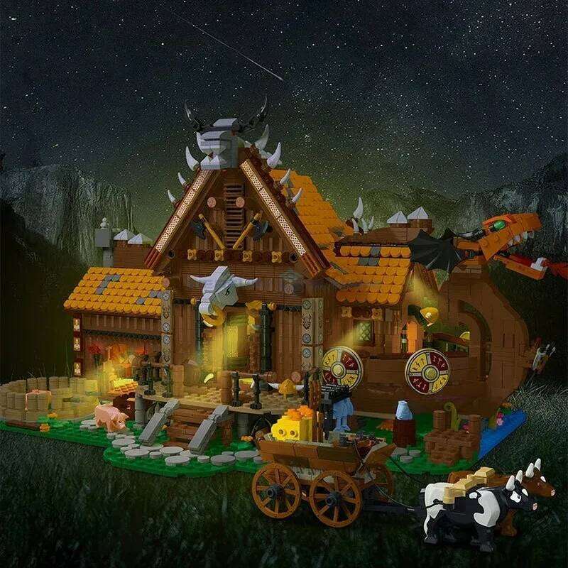 3129PCS The Vikings House Bricks Sets With Light Assembly Building Blocks Model Creative Street View Educational Toys Gifts Z260306