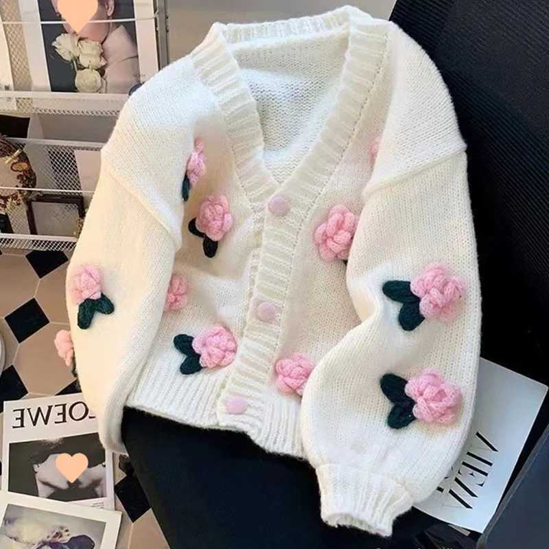 New 3D Flower Knitted Cardigan Women Sweet Cute Korean All-Match V-Neck Sweater Coat Autumn Winter Gentle Style Knitted Cardigan M260306