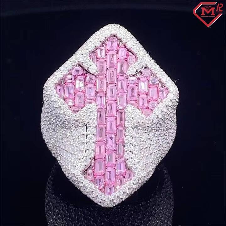 Hot Selling Moissanite Silver Ring for Rapper Hip Hop Pink Stone Cross Ring 925 Sterling Silver Cistom Moissanite Ring