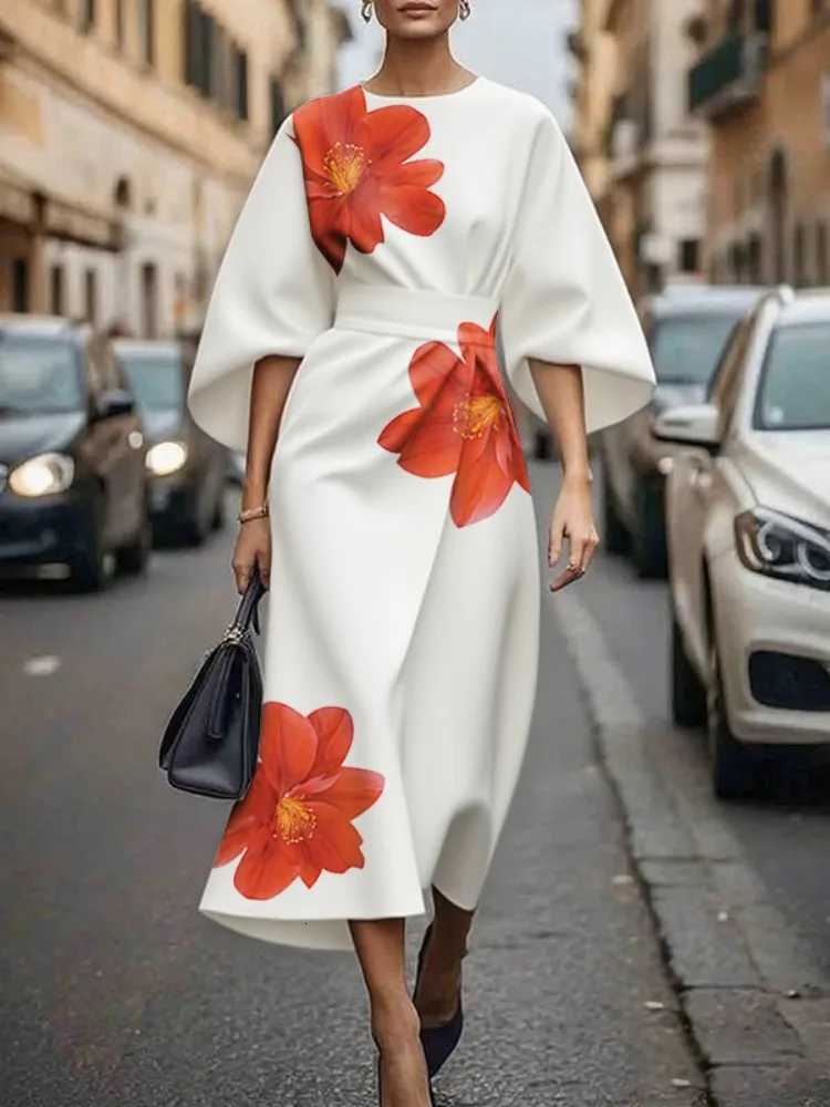 Freeacy 2025 Autumn New Floral Printed White Dress for Women Round Neck Flare Sleeves High Waist Evening Party Dresses X260306