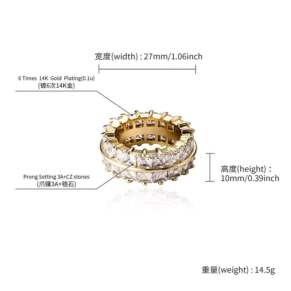 New Luxury Hip Hop Two Row Baguette Lab Diamonds Wedding Band Rings Exquisite Jewelry Iced Out Cubic Zircon Women Men Party Gift