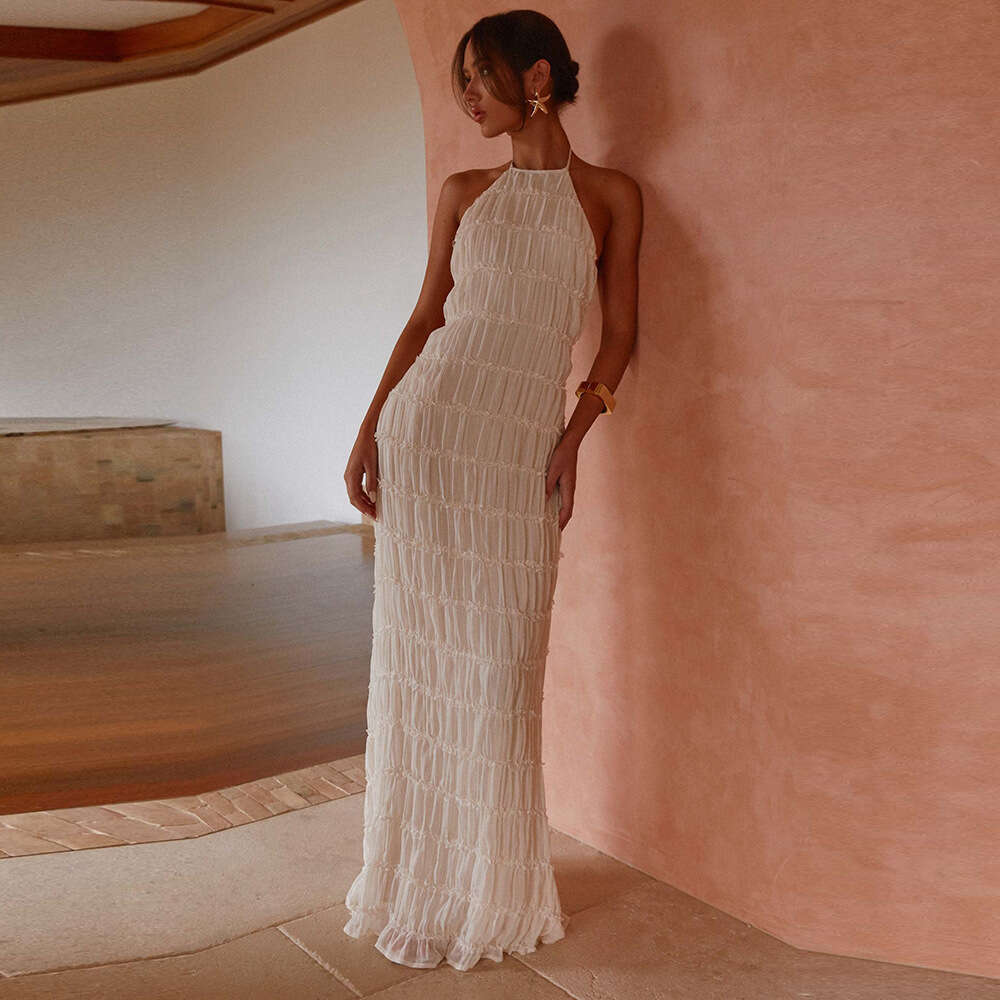 European and American foreign trade women's backless pleated fabric unique dress, new breathable lace-up ruffle long dress