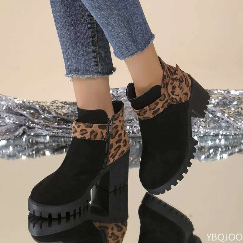2026 Large Spring and Autumn Fashion New High Heels Thick Bottom Short Leopard Pattern Side Zipper Women's Boots