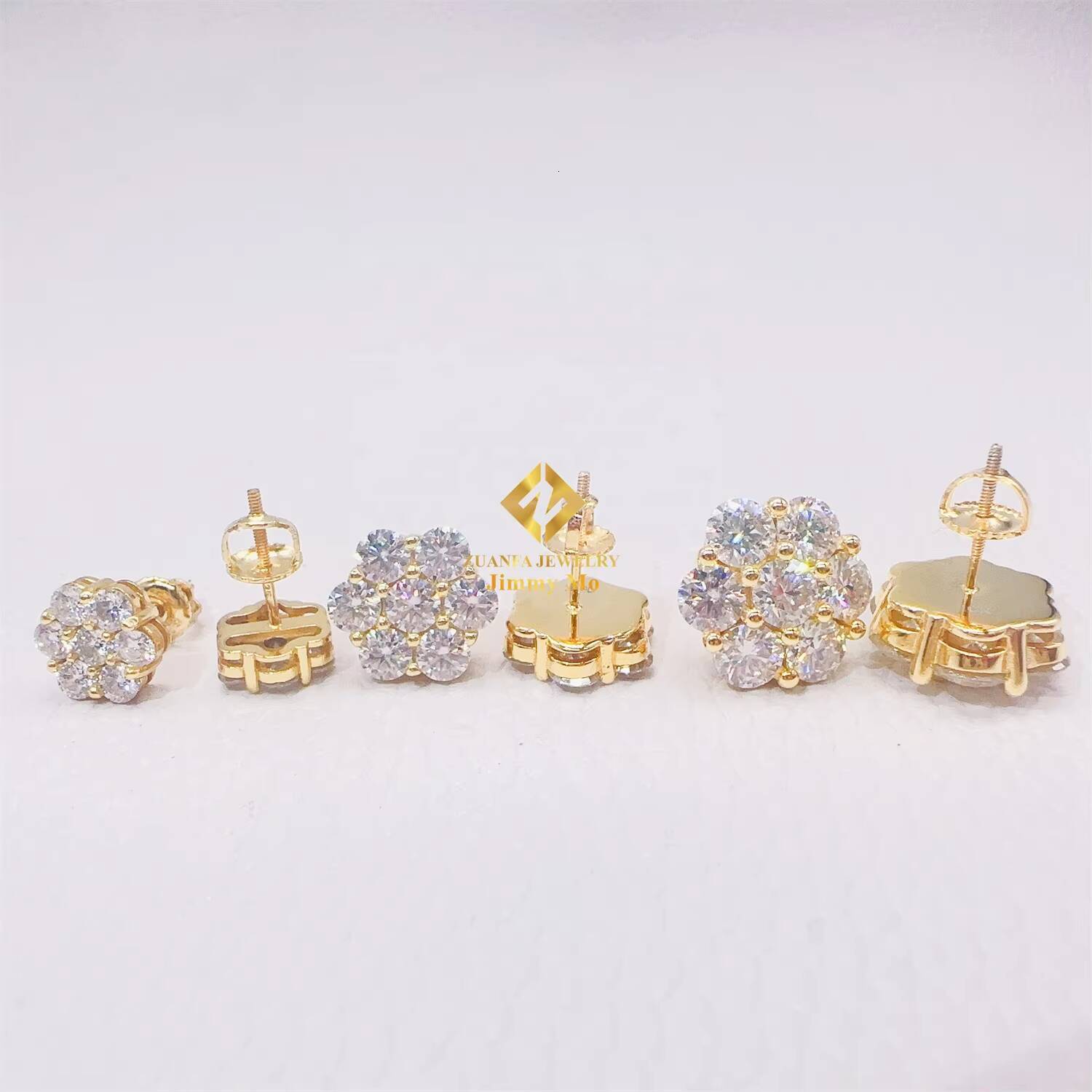 Ready to Ship Stock Drop Shipping Mens Iced Out Hip Hop Sterling Silver 925 Screw Back Moissanite Flower Shape Cluster Earrings