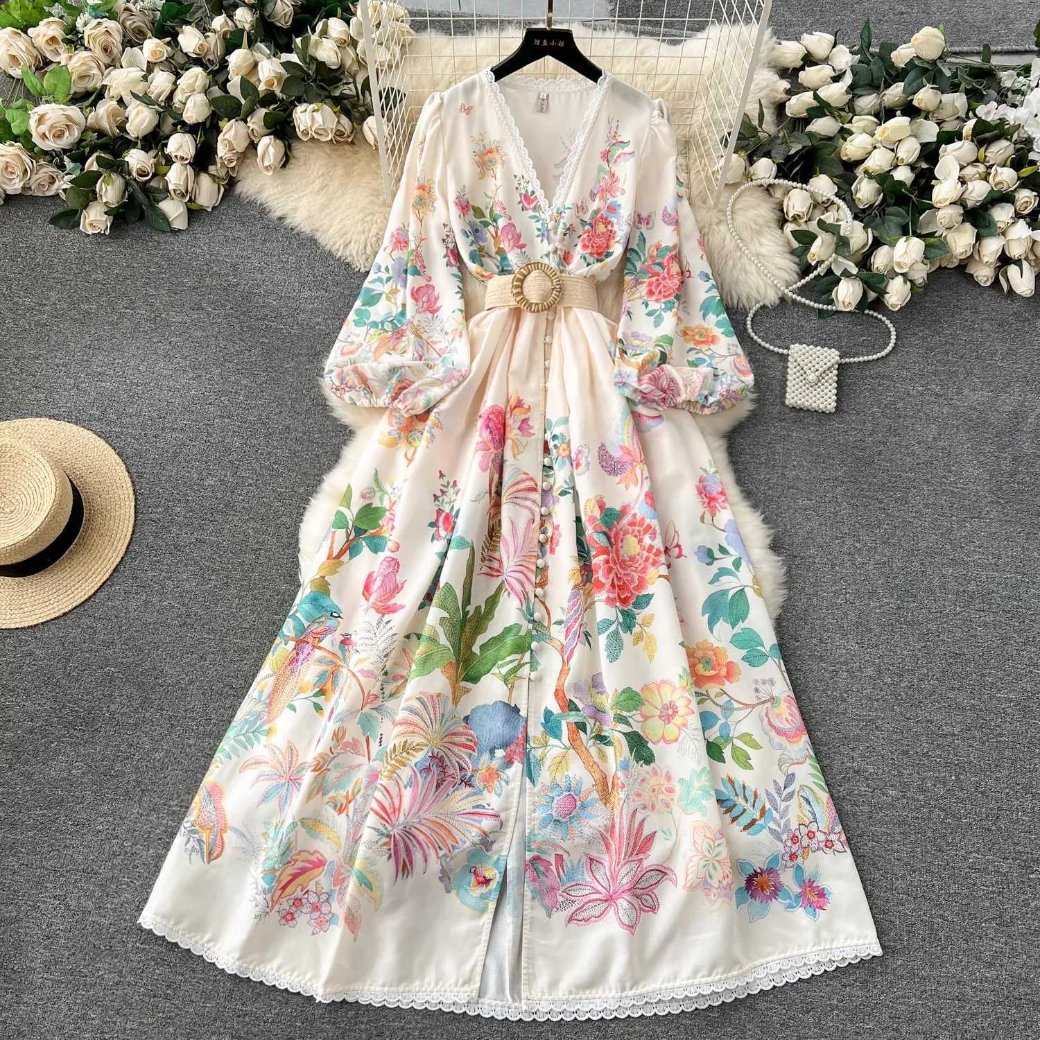 Summer Holiday Flower Robe Dress Women Lace Splicing V-Neck Long Lantern Sleeve Sashes Floral Print Maxi Vestidos Clothes 6272 X260306