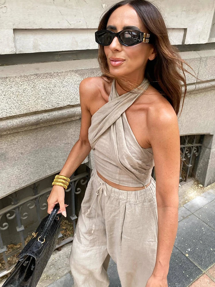 Soft Women Linen Pants Set Summer Fashion Ladies Elegant Loose Boho Two Piece Set Streetwear Female Chic Outfits Sexy 260305