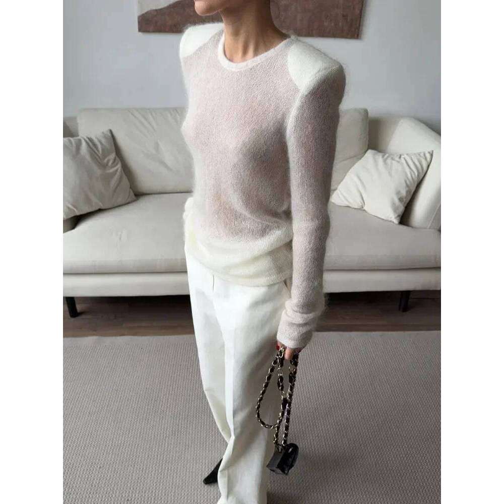 Women Solid See Through Knitted Pullover Sexy Round Neck Full Sleeve Slim Fit Thin Sweater Female High Street New Knitwears Mdng260306
