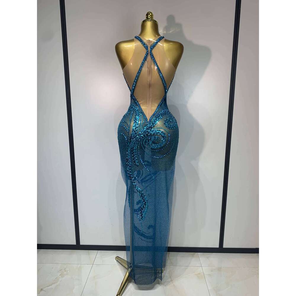 Women Luxury Blue Rhinestones Sequines Mesh Transparent Long Club Evening Party Dress Birthday Photoshoot Clothing