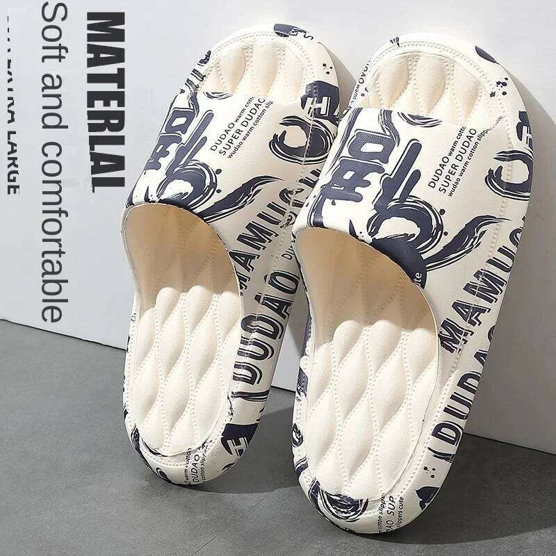 QYCKABY 2024 Mens Summer Slippers Beach Sandals Flip Flop Printing Thick Soled Boys Girls Unisex Home Bath Shoe Large Size 46-47